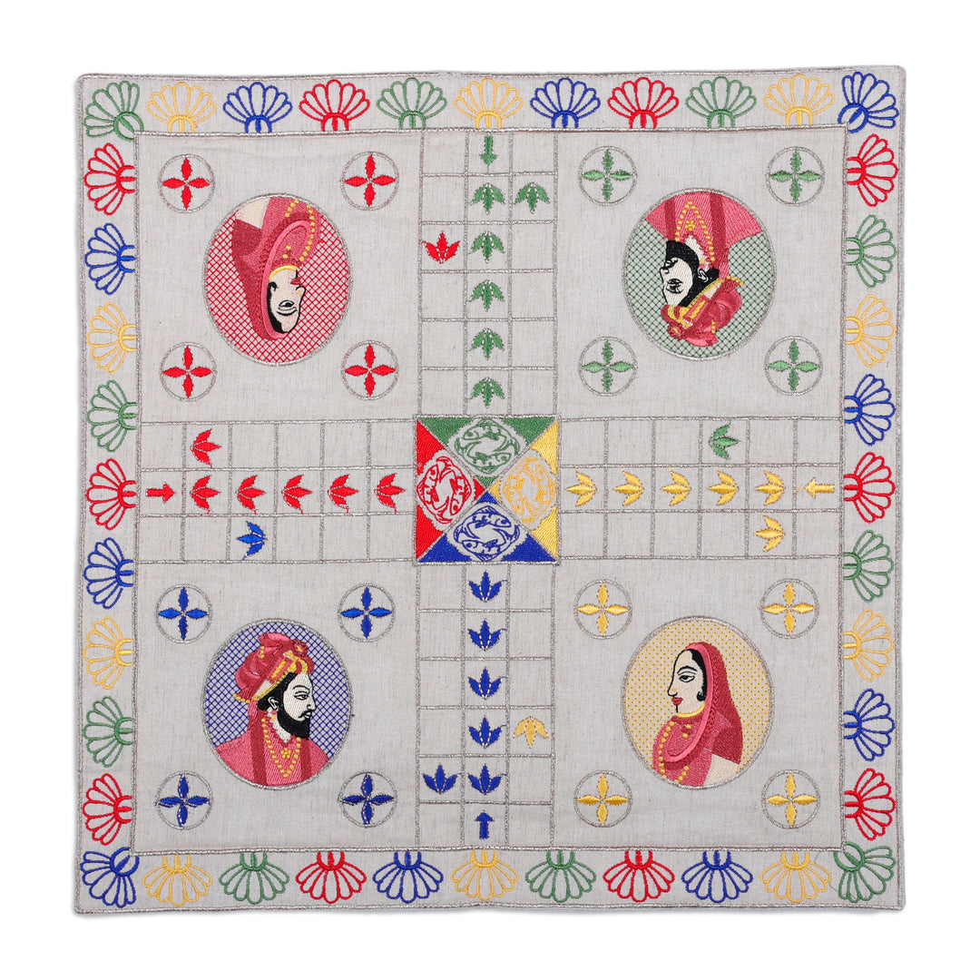 Traditional Embroidered Ecru Cotton Ludo Game from India - Game of Royals