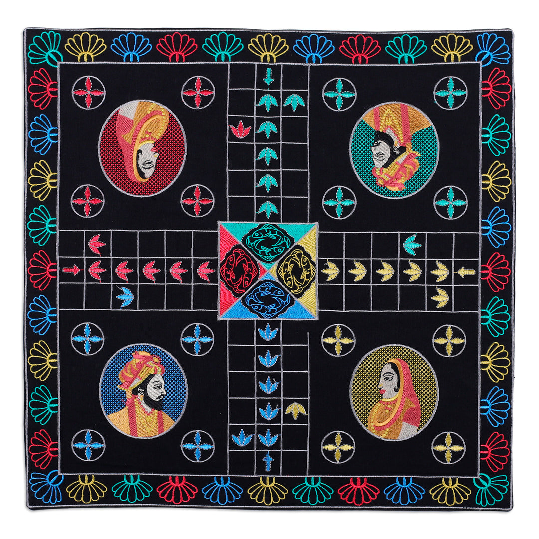 Traditional Embroidered Black Cotton Ludo Game from India - Game of Royals at Night