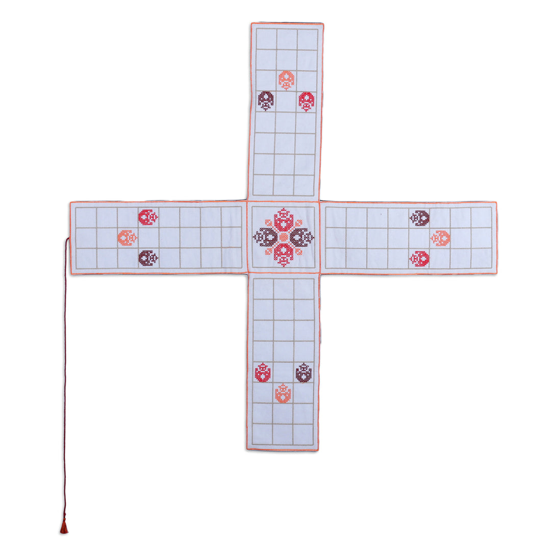 Embroidered White Cotton Chopad Game with Classic Details - India's Morning Challenge