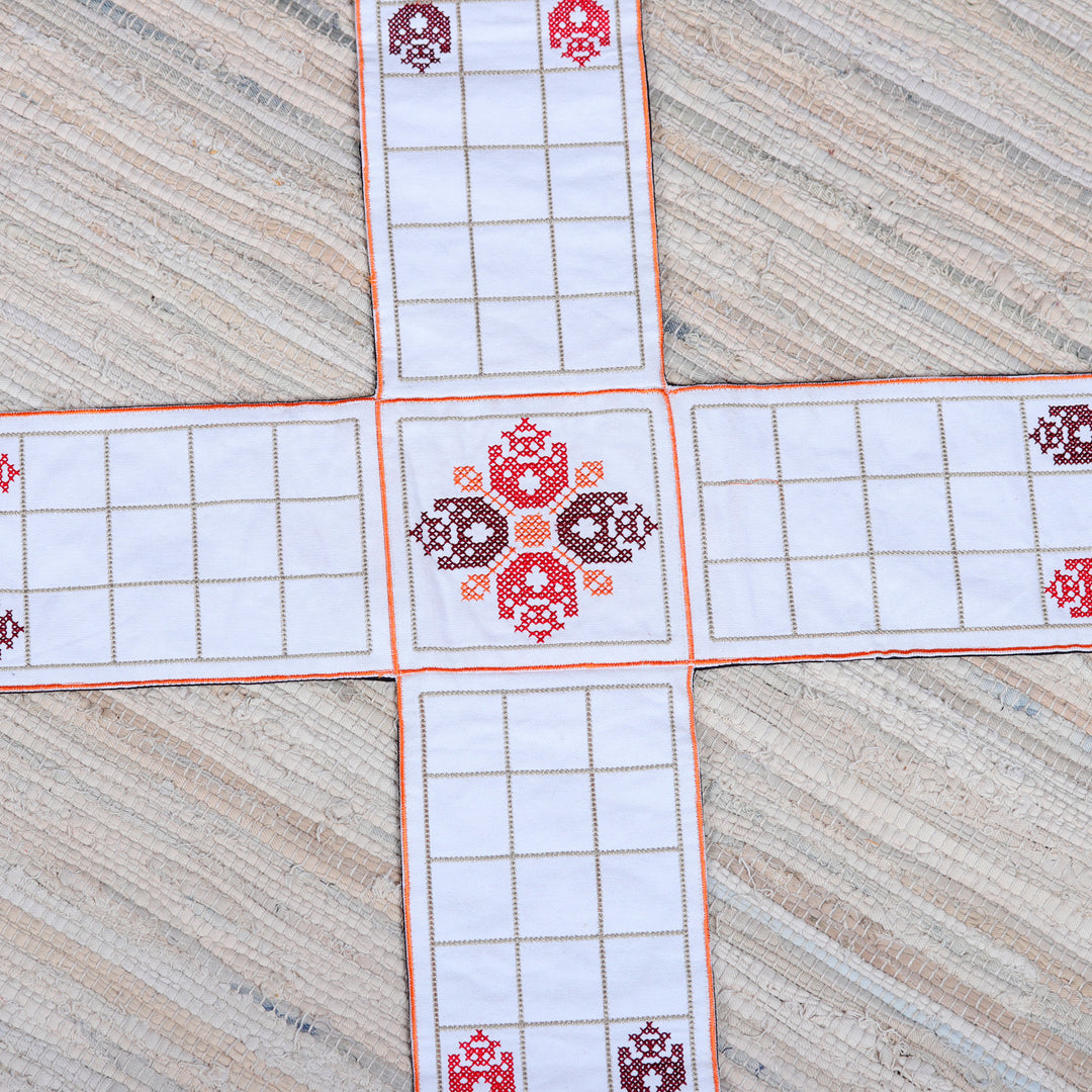 Embroidered White Cotton Chopad Game with Classic Details - India's Morning Challenge