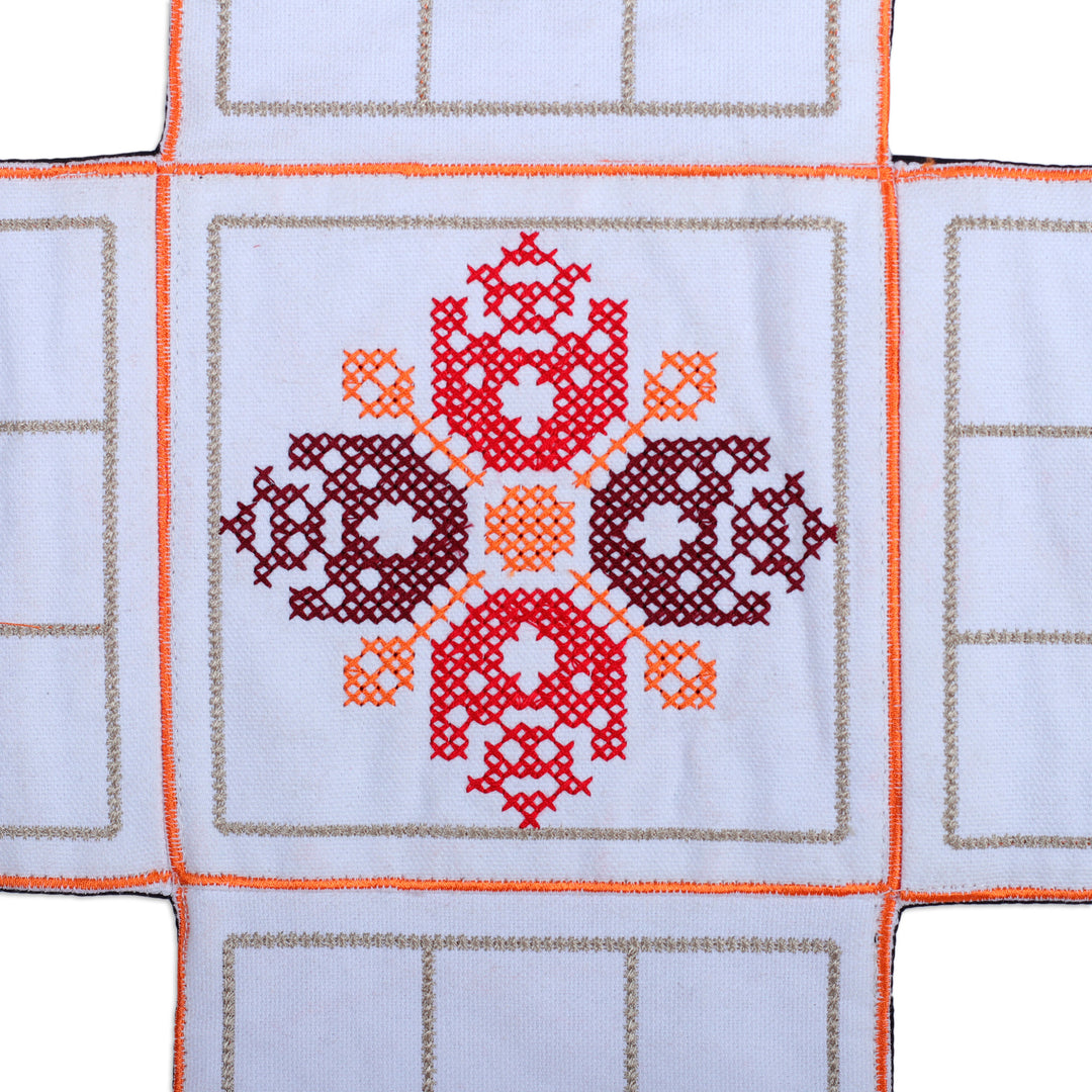 Embroidered White Cotton Chopad Game with Classic Details - India's Morning Challenge