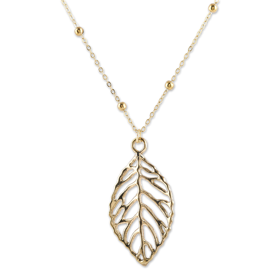 Brass Leaf Pendant Necklace with Jali Openwork Accents - Shining Leaf