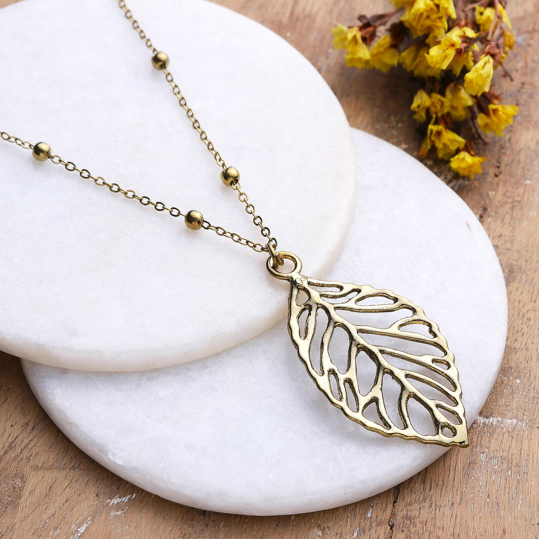 Brass Leaf Pendant Necklace with Jali Openwork Accents - Shining Leaf