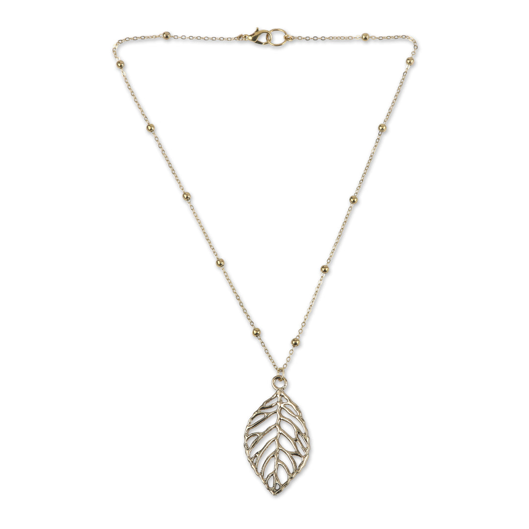 Brass Leaf Pendant Necklace with Jali Openwork Accents - Shining Leaf