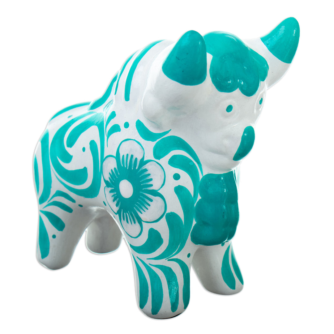 Traditional Turquoise Ceramic Bull Sculpture from Pucara - Pucara's Turquoise Protector