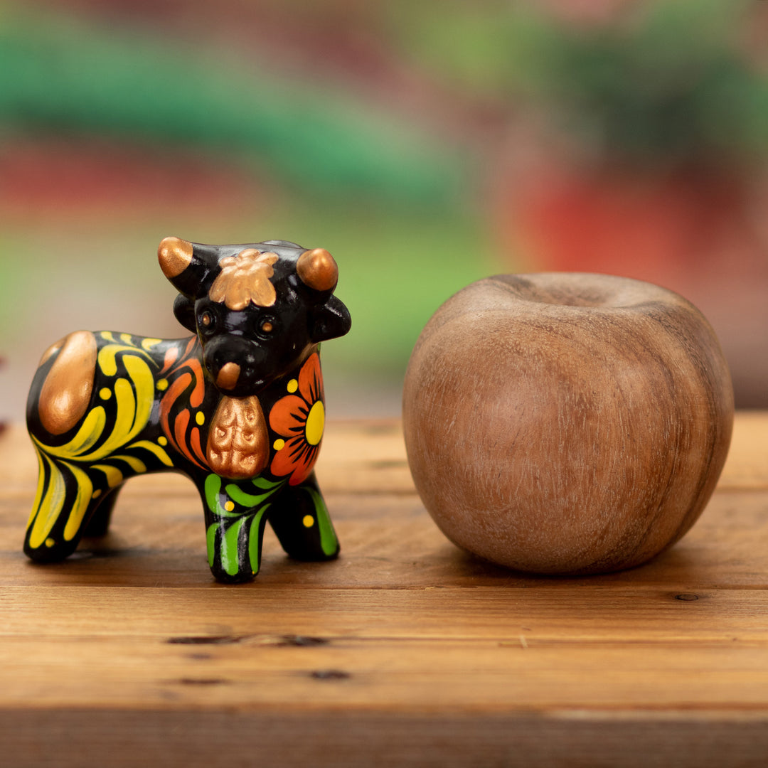 Andean Floral Ceramic Good Fortune Bull Figurine  - Bull of Good Fortune
