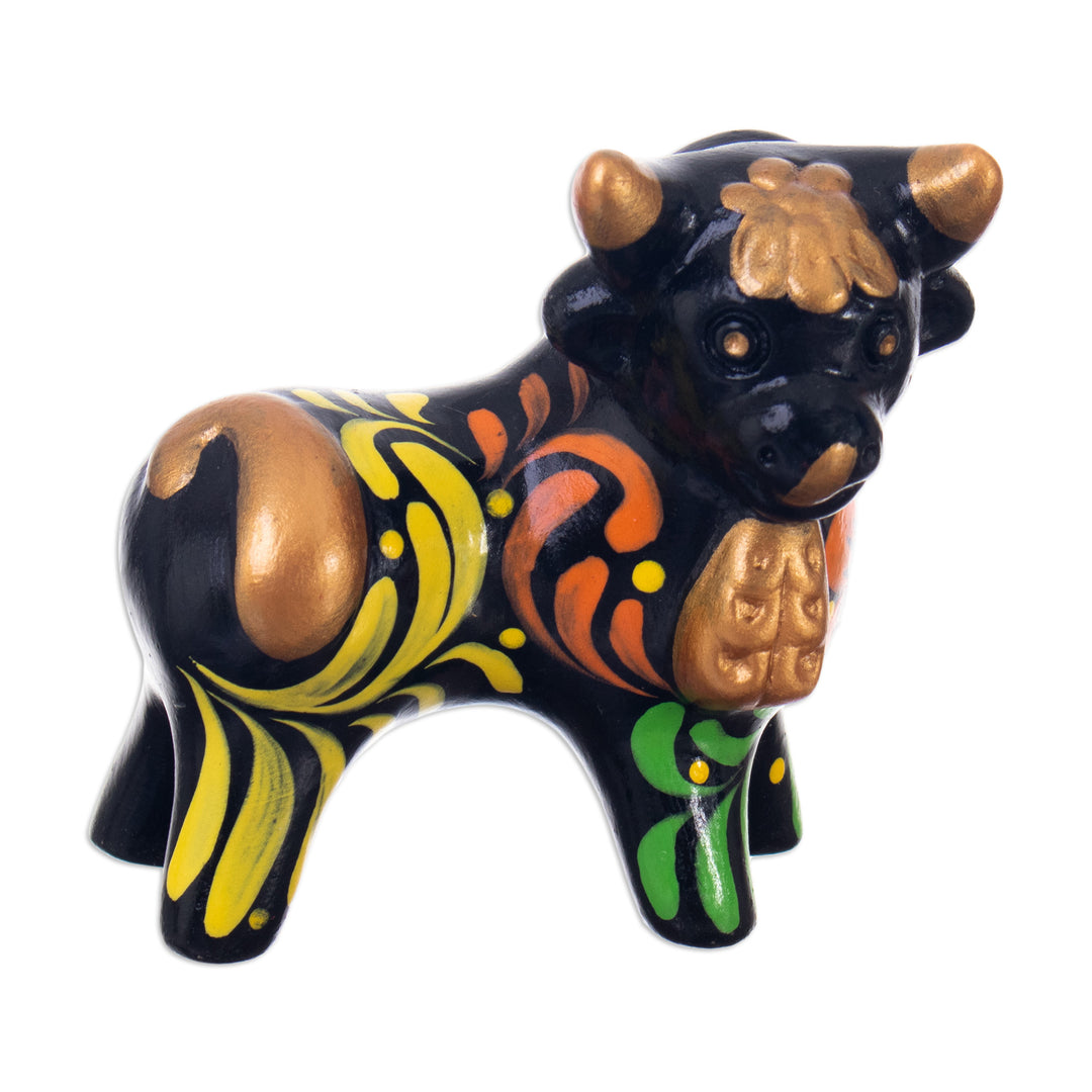 Andean Floral Ceramic Good Fortune Bull Figurine  - Bull of Good Fortune