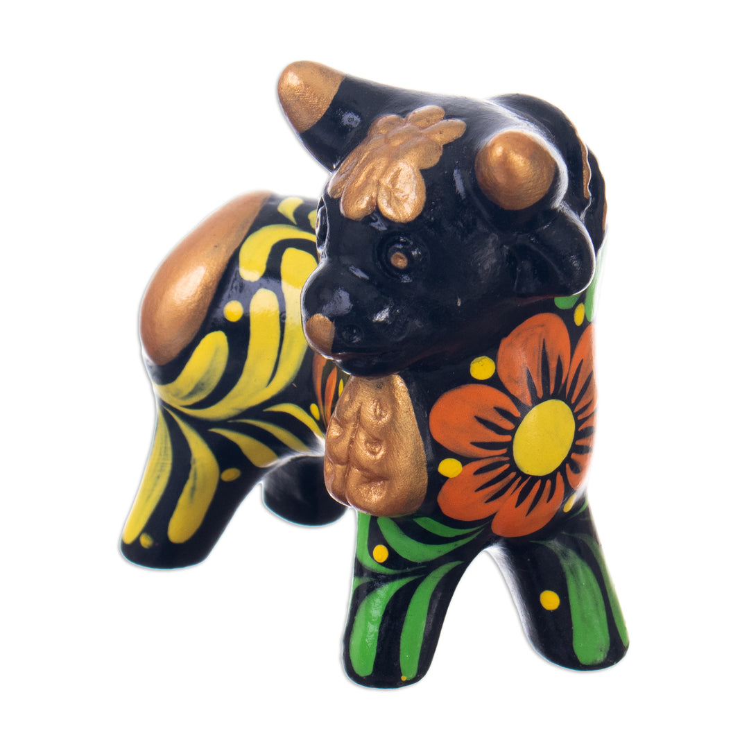 Andean Floral Ceramic Good Fortune Bull Figurine  - Bull of Good Fortune