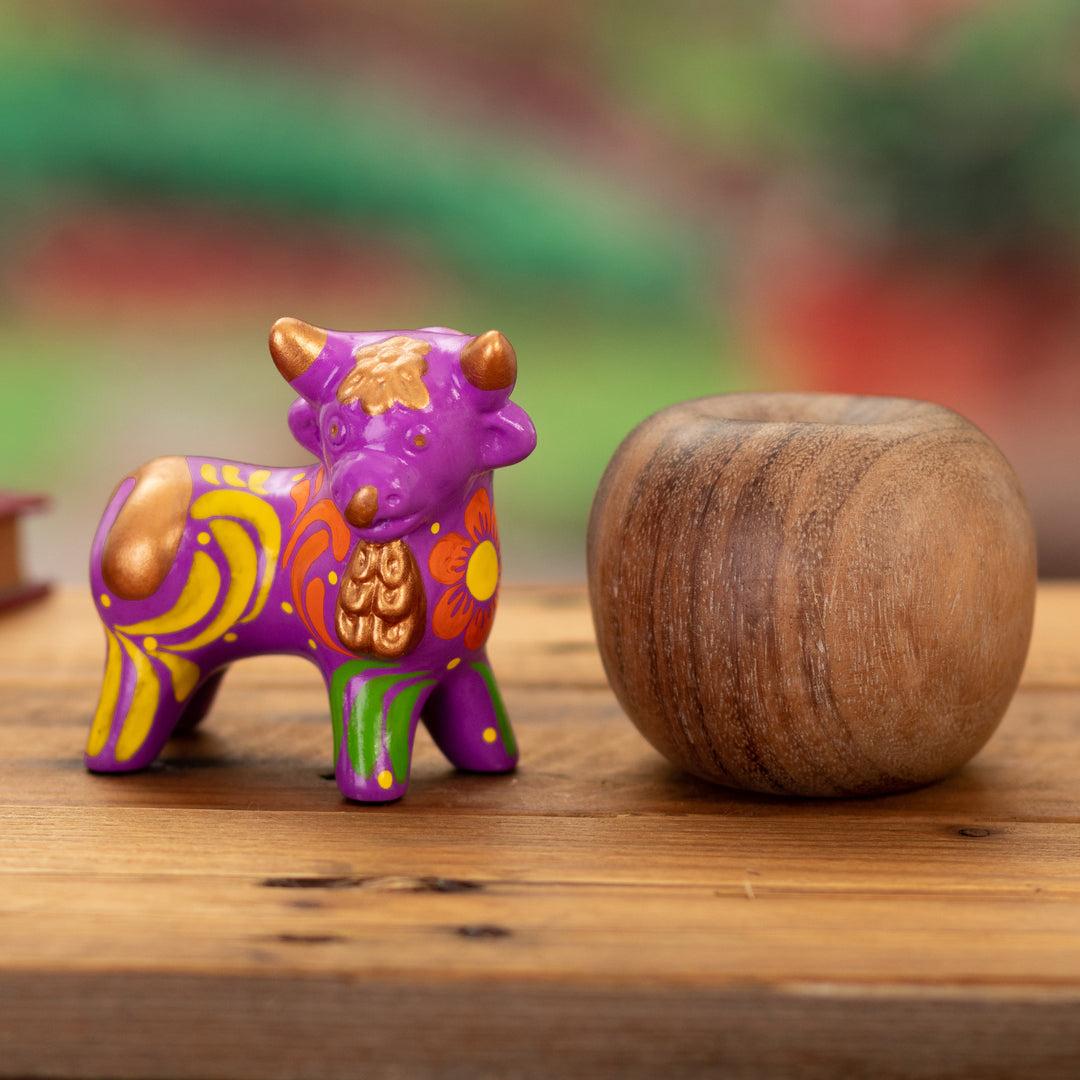 Andean Floral Ceramic Bull Sculpture in a Purple Base Hue - Harmonious Horns in Purple