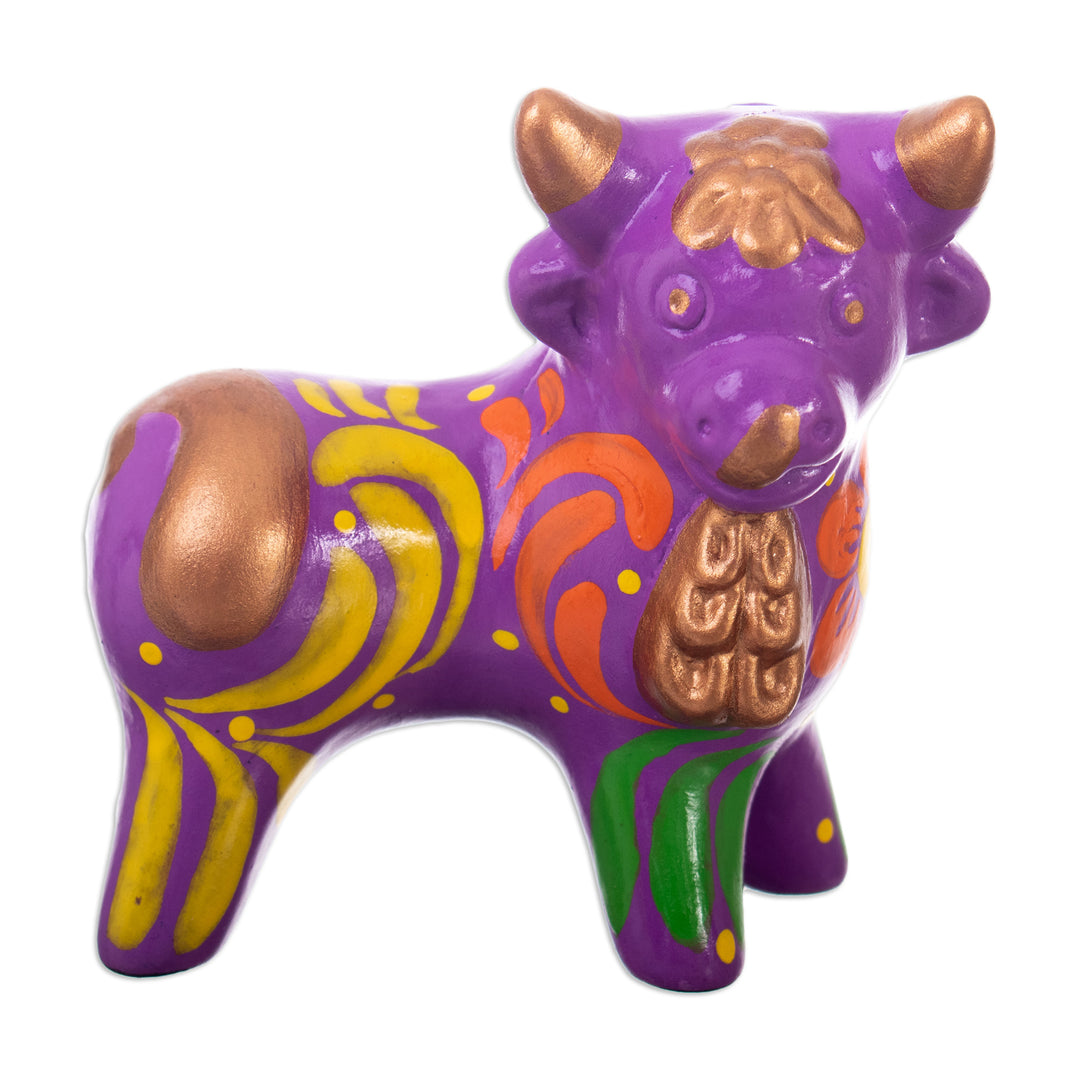 Andean Floral Ceramic Bull Sculpture in a Purple Base Hue - Harmonious Horns in Purple