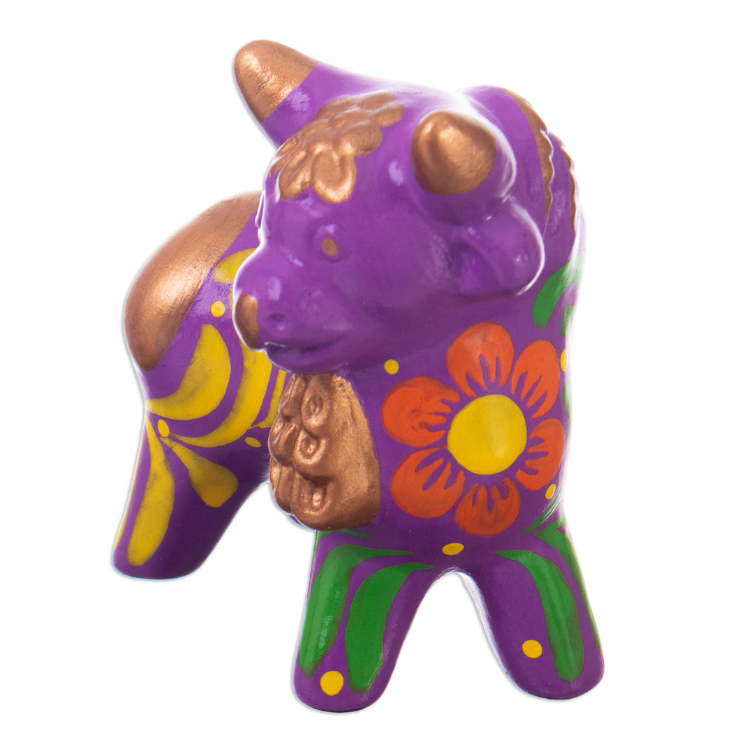 Andean Floral Ceramic Bull Sculpture in a Purple Base Hue - Harmonious Horns in Purple