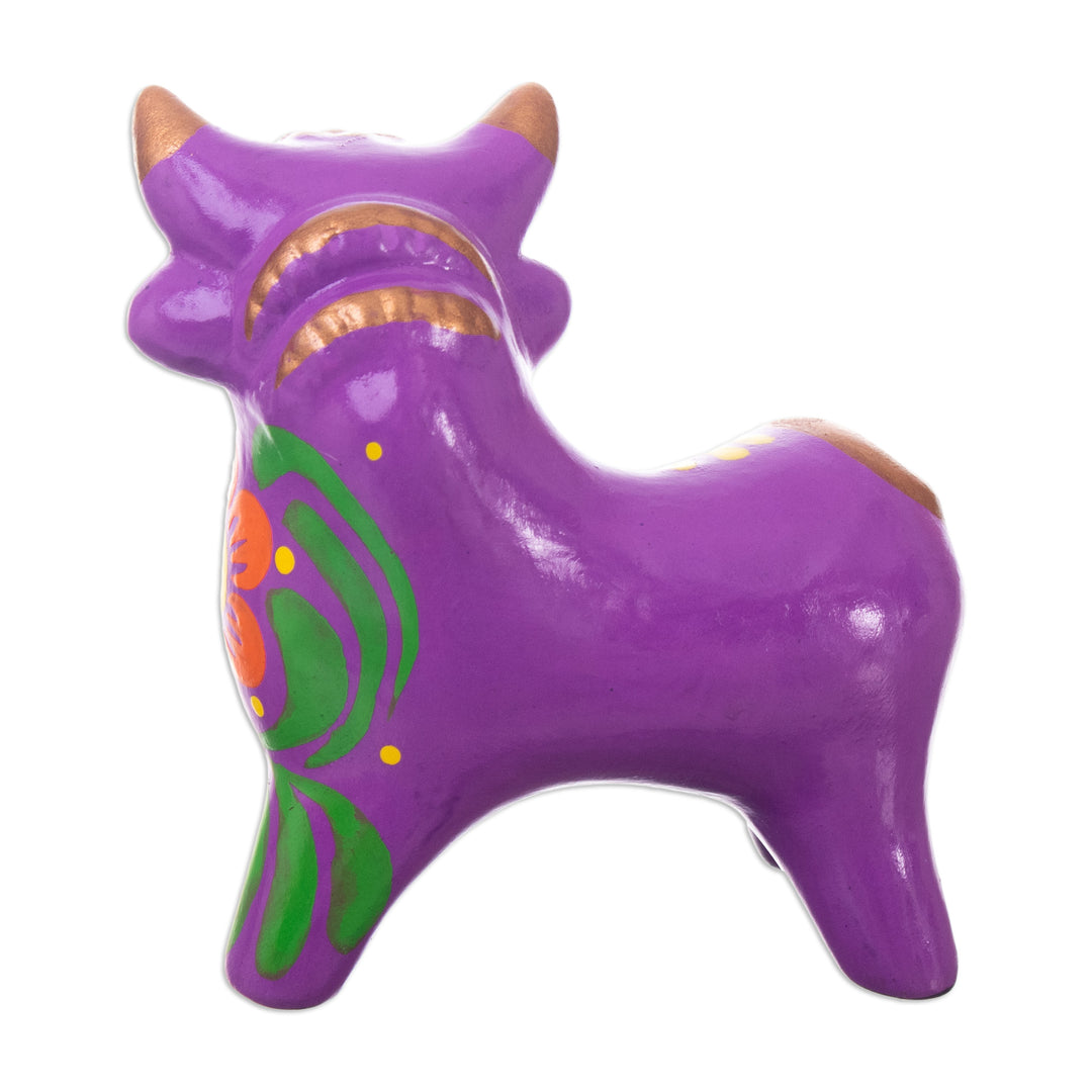 Andean Floral Ceramic Bull Sculpture in a Purple Base Hue - Harmonious Horns in Purple