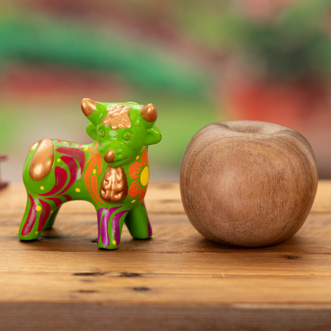 Andean Floral Ceramic Bull Sculpture in a Green Base Hue - Harmonious Horns in Green