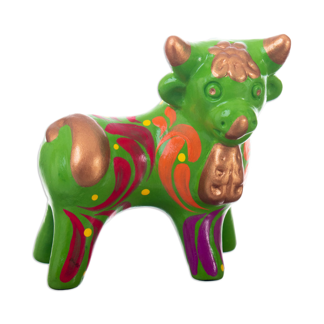 Andean Floral Ceramic Bull Sculpture in a Green Base Hue - Harmonious Horns in Green