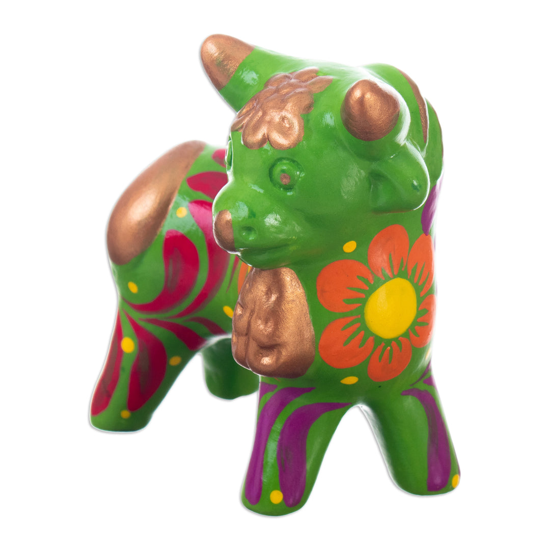 Andean Floral Ceramic Bull Sculpture in a Green Base Hue - Harmonious Horns in Green