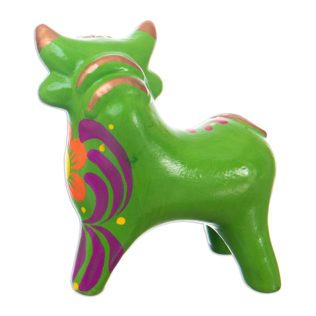 Andean Floral Ceramic Bull Sculpture in a Green Base Hue - Harmonious Horns in Green