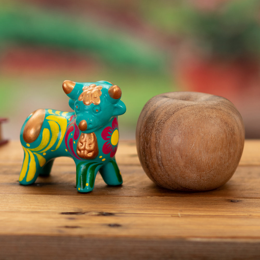 Andean Floral Ceramic Bull Sculpture in a Turquoise Base Hue - Harmonious Horns in Turquoise