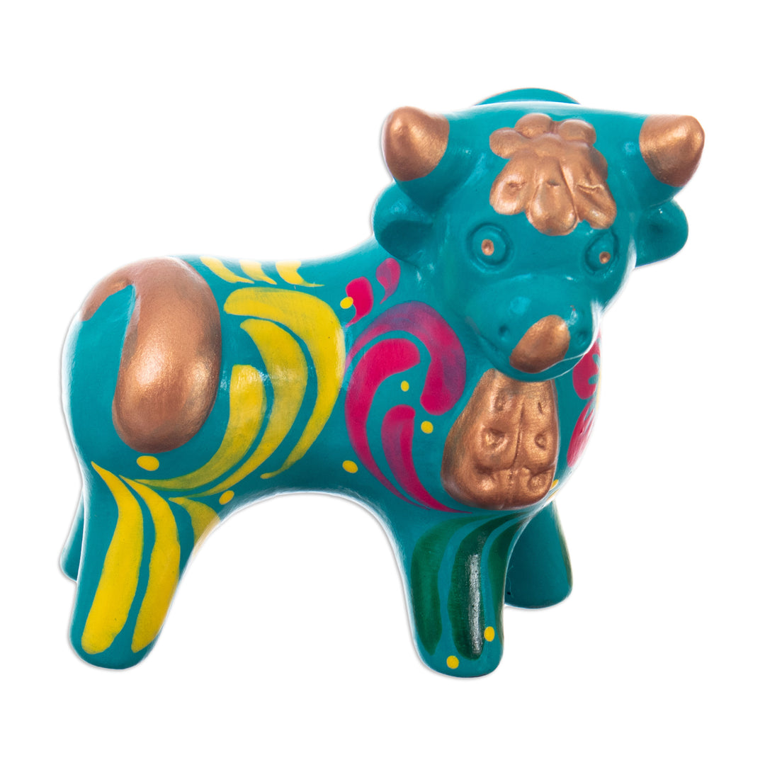 Andean Floral Ceramic Bull Sculpture in a Turquoise Base Hue - Harmonious Horns in Turquoise