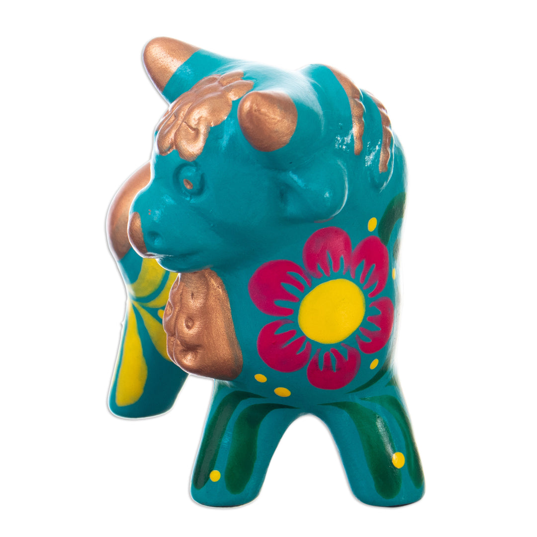 Andean Floral Ceramic Bull Sculpture in a Turquoise Base Hue - Harmonious Horns in Turquoise