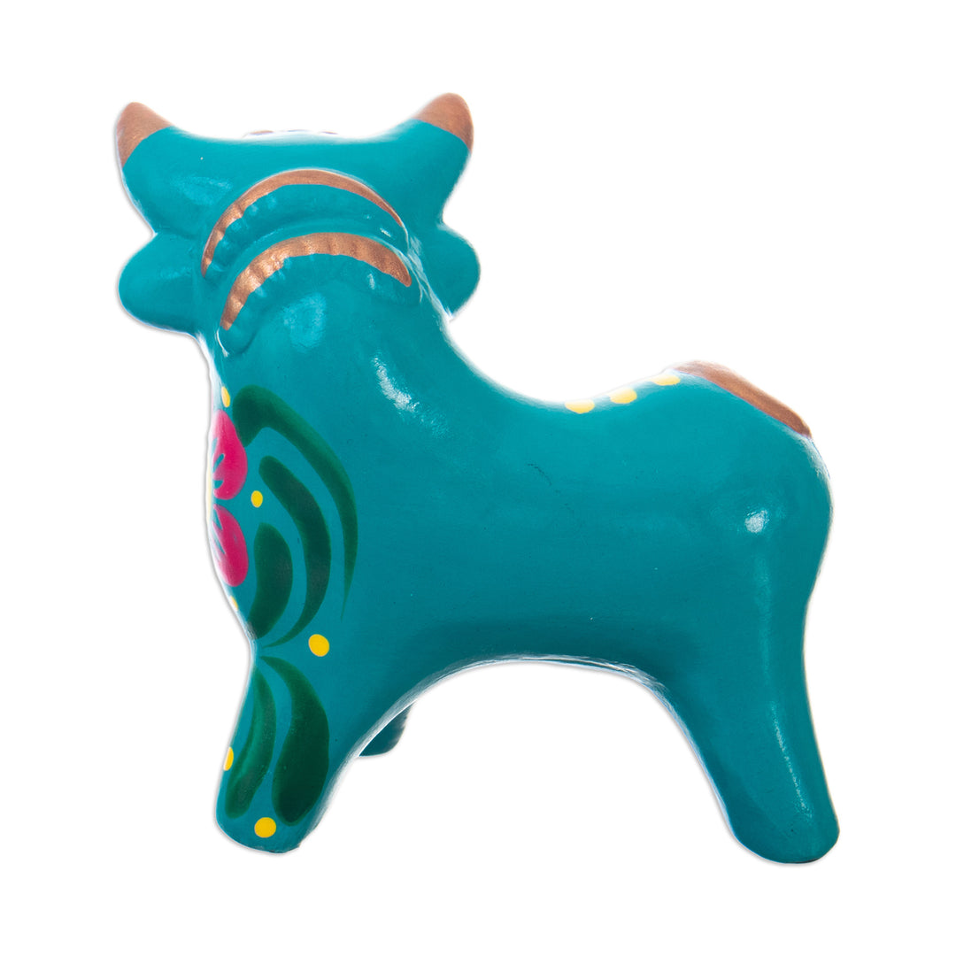 Andean Floral Ceramic Bull Sculpture in a Turquoise Base Hue - Harmonious Horns in Turquoise