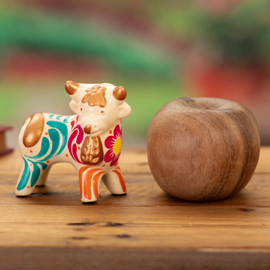 Andean Floral Ceramic Bull Sculpture in an Ivory Base Hue - Harmonious Horns in Ivory