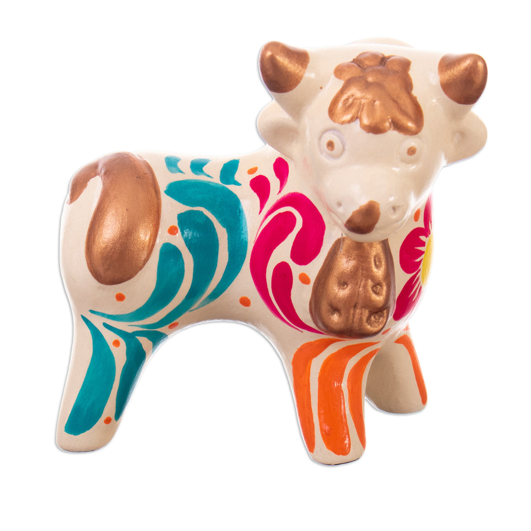 Andean Floral Ceramic Bull Sculpture in an Ivory Base Hue - Harmonious Horns in Ivory