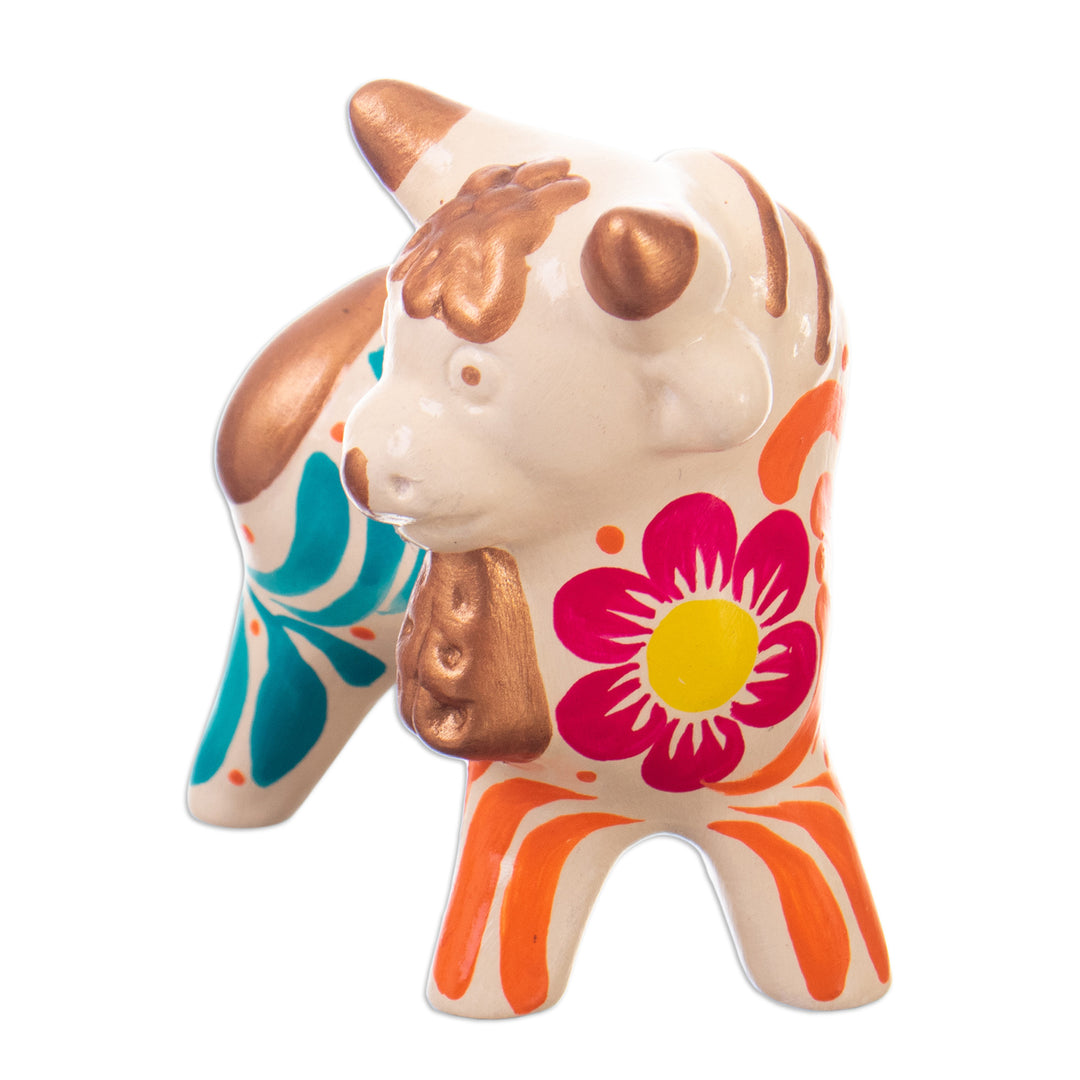 Andean Floral Ceramic Bull Sculpture in an Ivory Base Hue - Harmonious Horns in Ivory