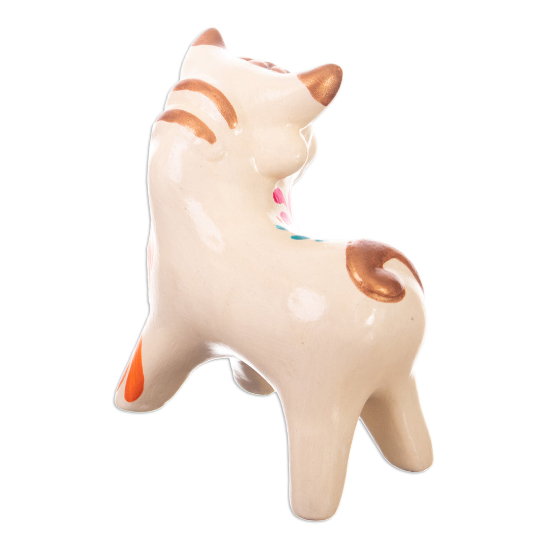 Andean Floral Ceramic Bull Sculpture in an Ivory Base Hue - Harmonious Horns in Ivory
