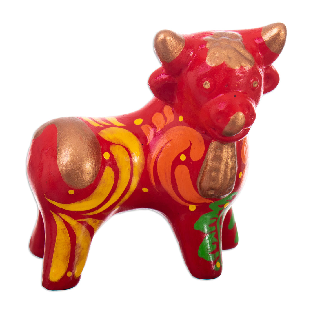 Andean Floral Ceramic Bull Sculpture in a Red Base Hue - Harmonious Horns in Red