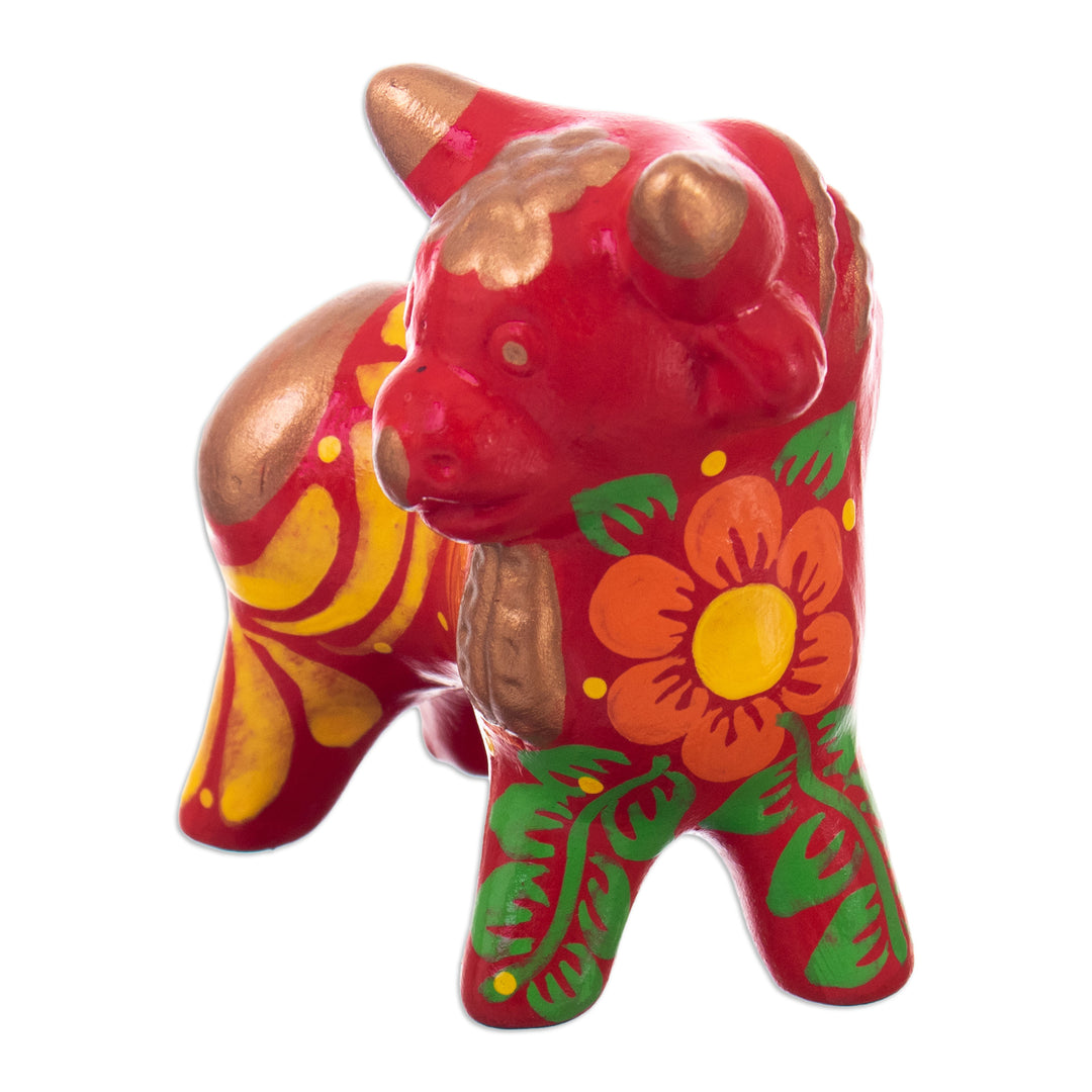 Andean Floral Ceramic Bull Sculpture in a Red Base Hue - Harmonious Horns in Red