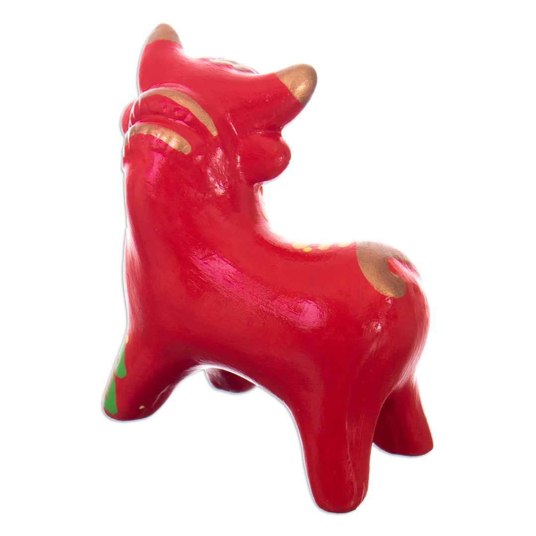 Andean Floral Ceramic Bull Sculpture in a Red Base Hue - Harmonious Horns in Red