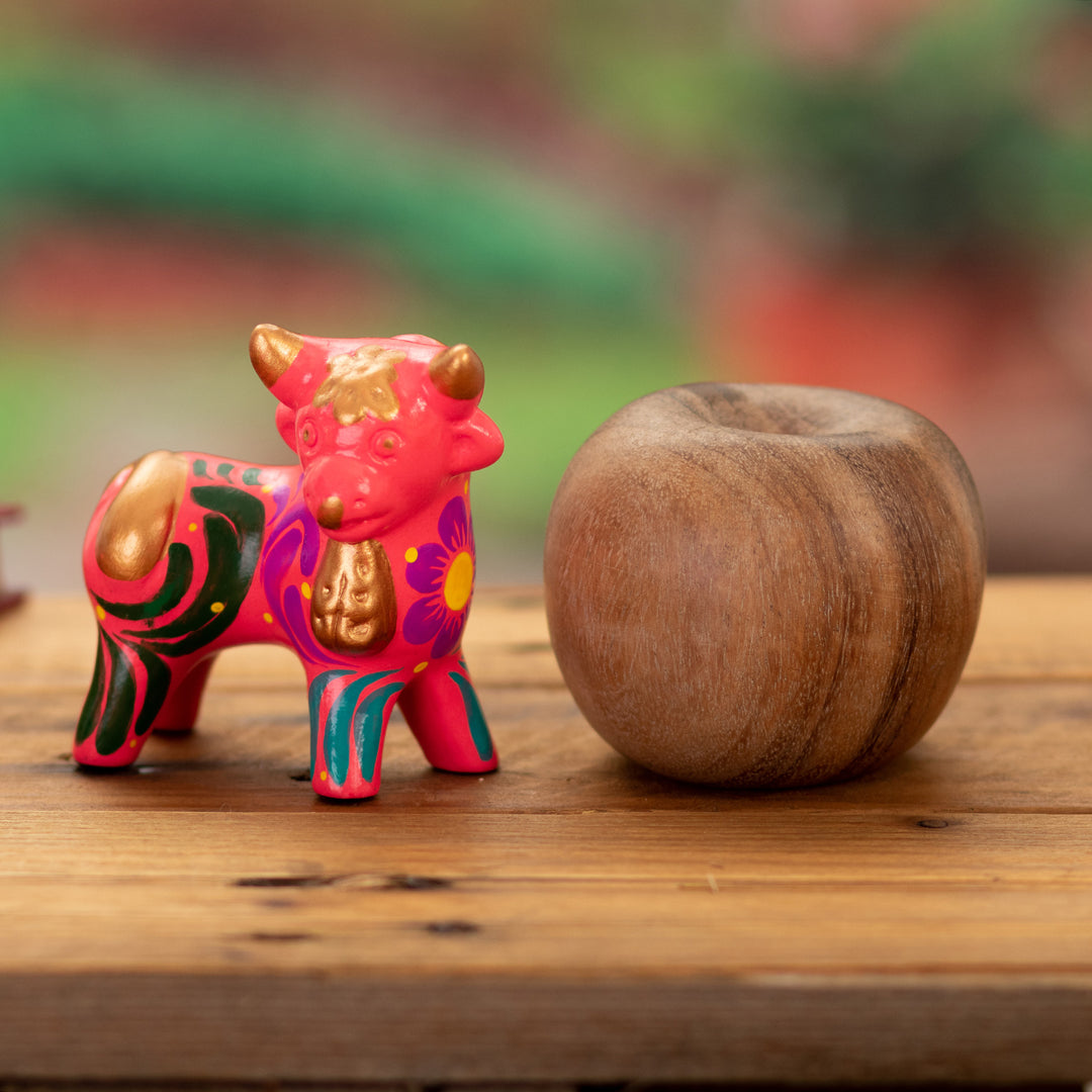 Andean Floral Ceramic Bull Sculpture in a Pink Base Hue - Harmonious Horns in Pink
