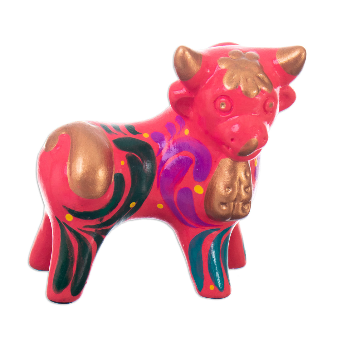 Andean Floral Ceramic Bull Sculpture in a Pink Base Hue - Harmonious Horns in Pink