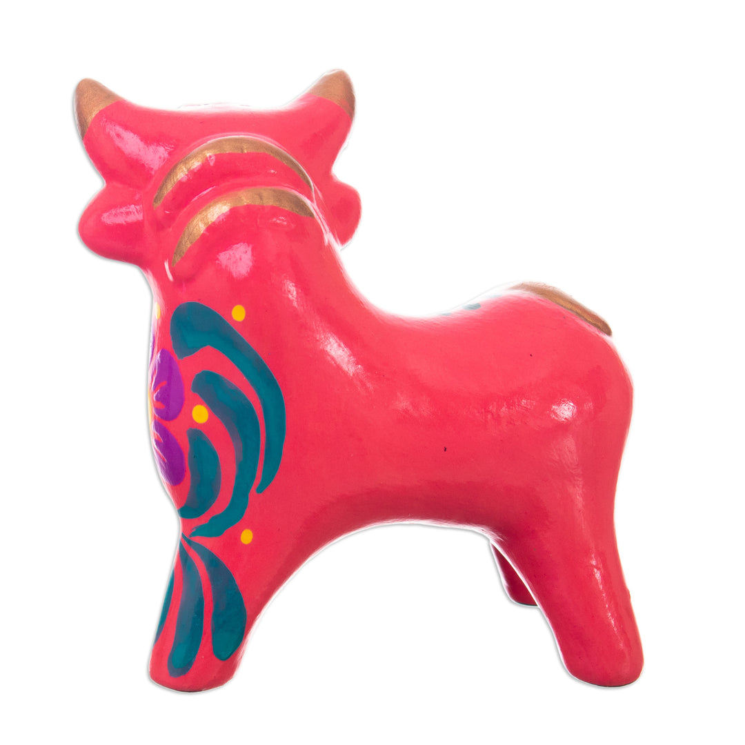 Andean Floral Ceramic Bull Sculpture in a Pink Base Hue - Harmonious Horns in Pink