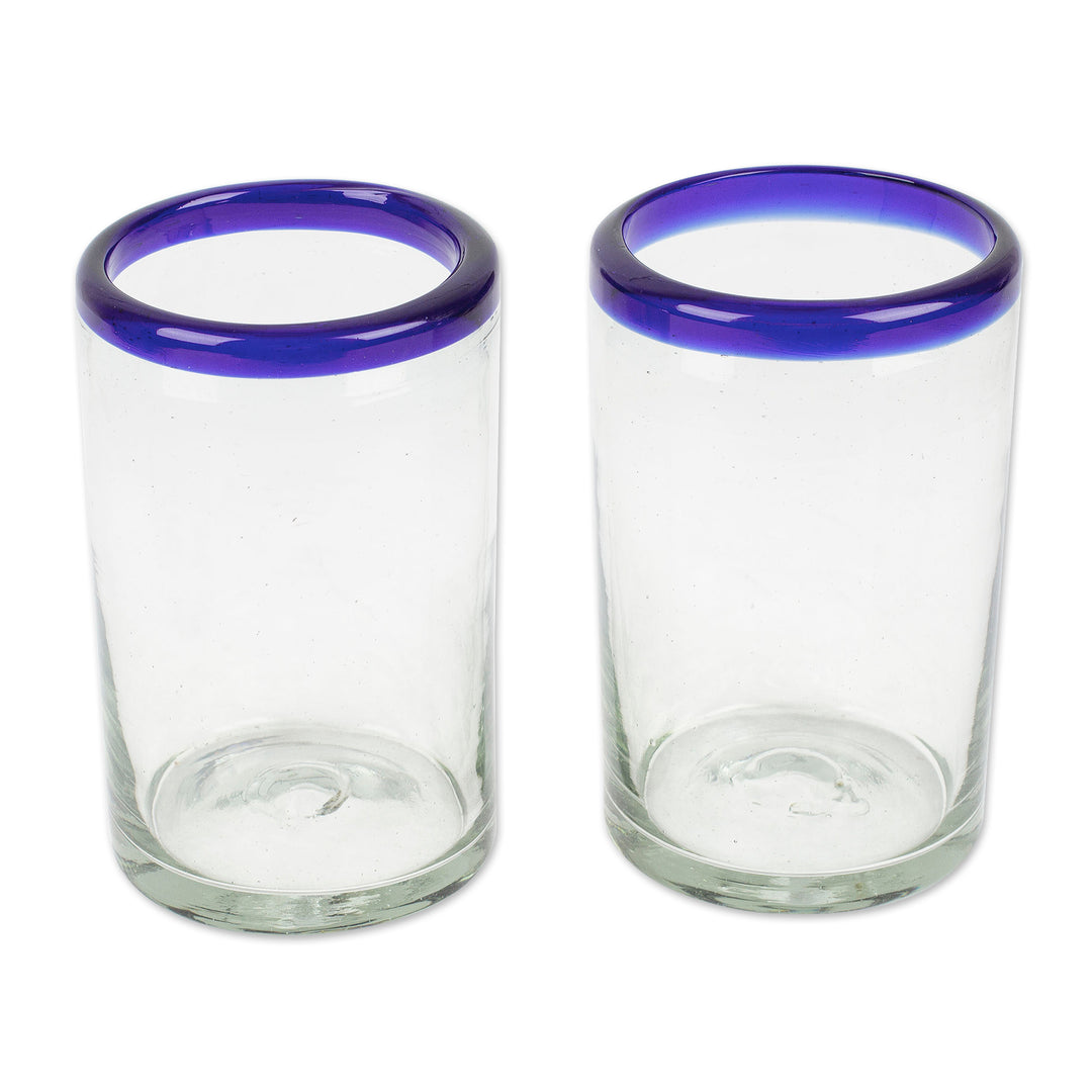 Pair of Blue-Rimmed Hand Blown Recycled Glass Tumblers - Cobalt Classics
