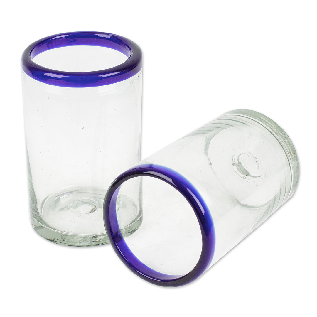 Pair of Blue-Rimmed Hand Blown Recycled Glass Tumblers - Cobalt Classics