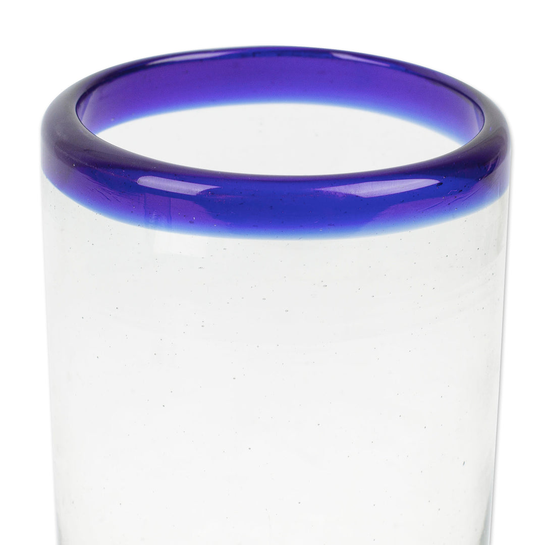 Pair of Blue-Rimmed Hand Blown Recycled Glass Tumblers - Cobalt Classics