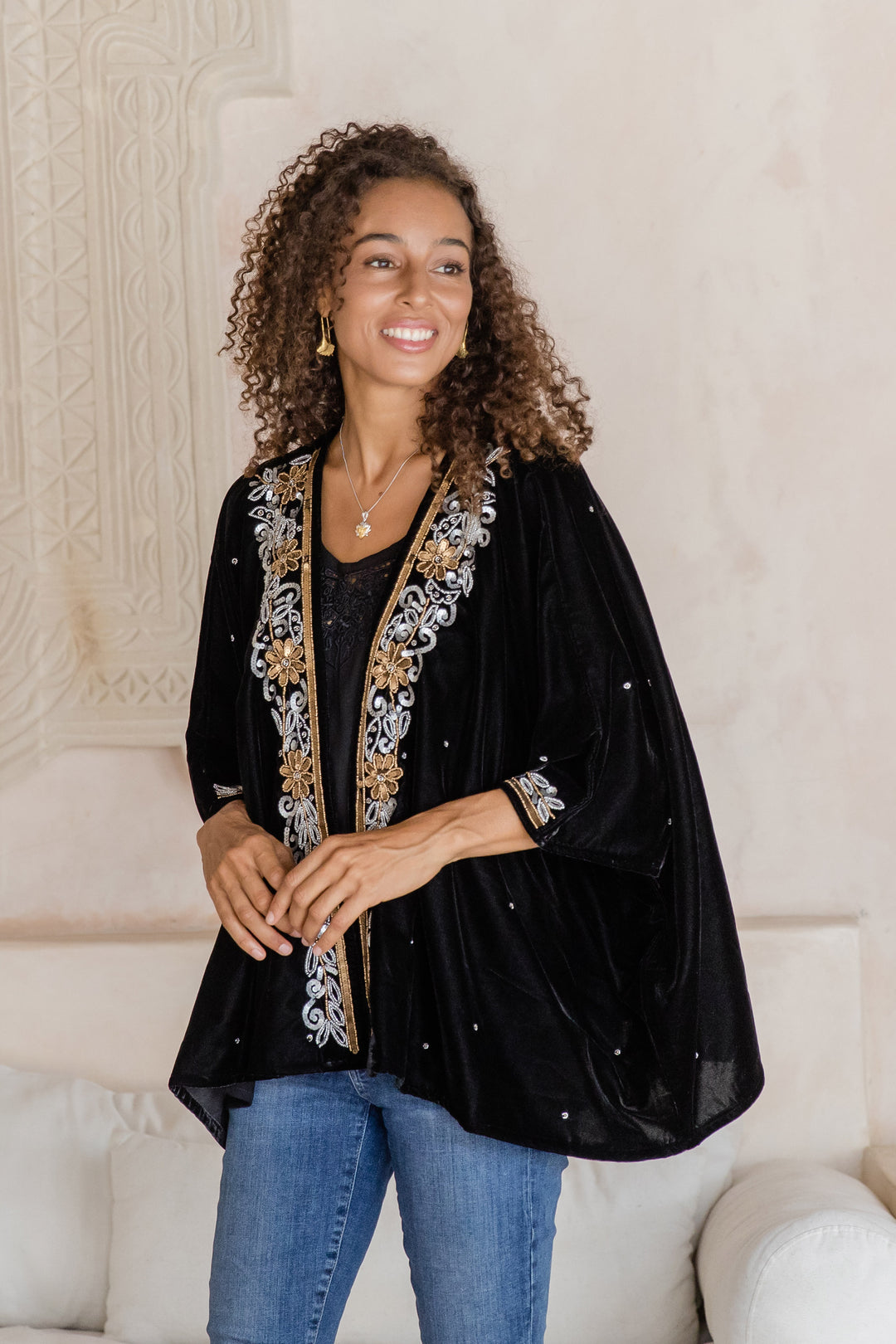 Golden and Silver Hand-Beaded Layering Jacket in Black - Golden Nightbird