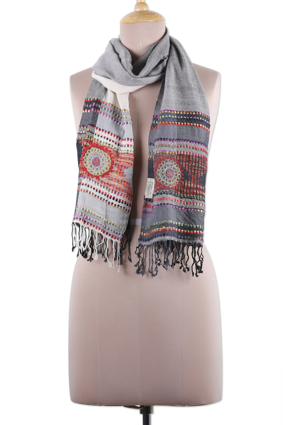 Woven Viscose Scarf with Embroidery in Grey White and Red - Timeless Splendor