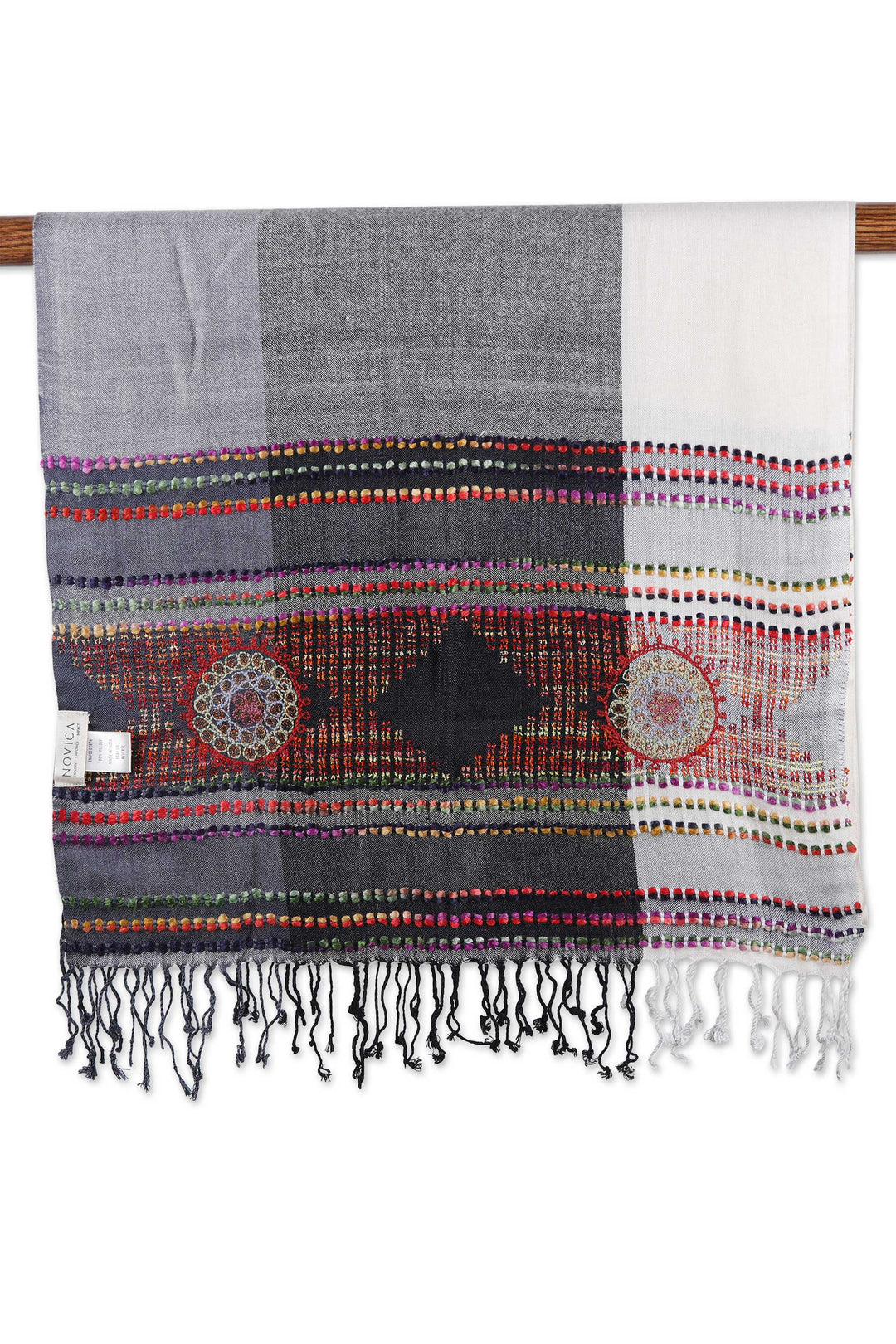 Woven Viscose Scarf with Embroidery in Grey White and Red - Timeless Splendor