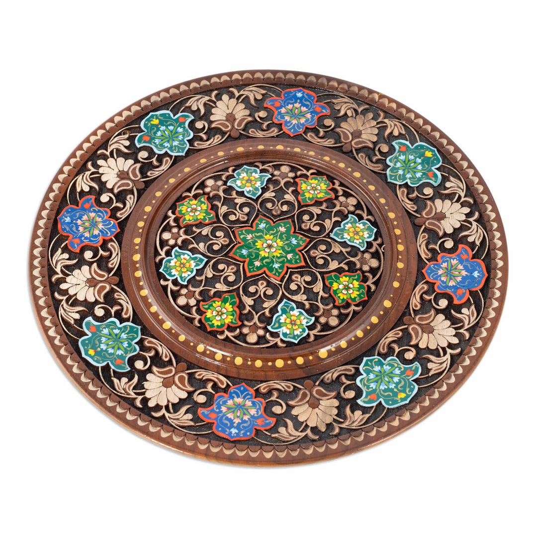 Traditional Floral Hand-Painted Round Walnut Wood Wall Art - Flowers of the Black Sea