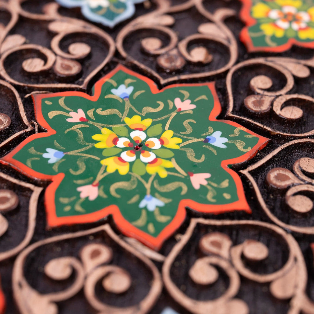 Traditional Floral Hand-Painted Round Walnut Wood Wall Art - Flowers of the Black Sea
