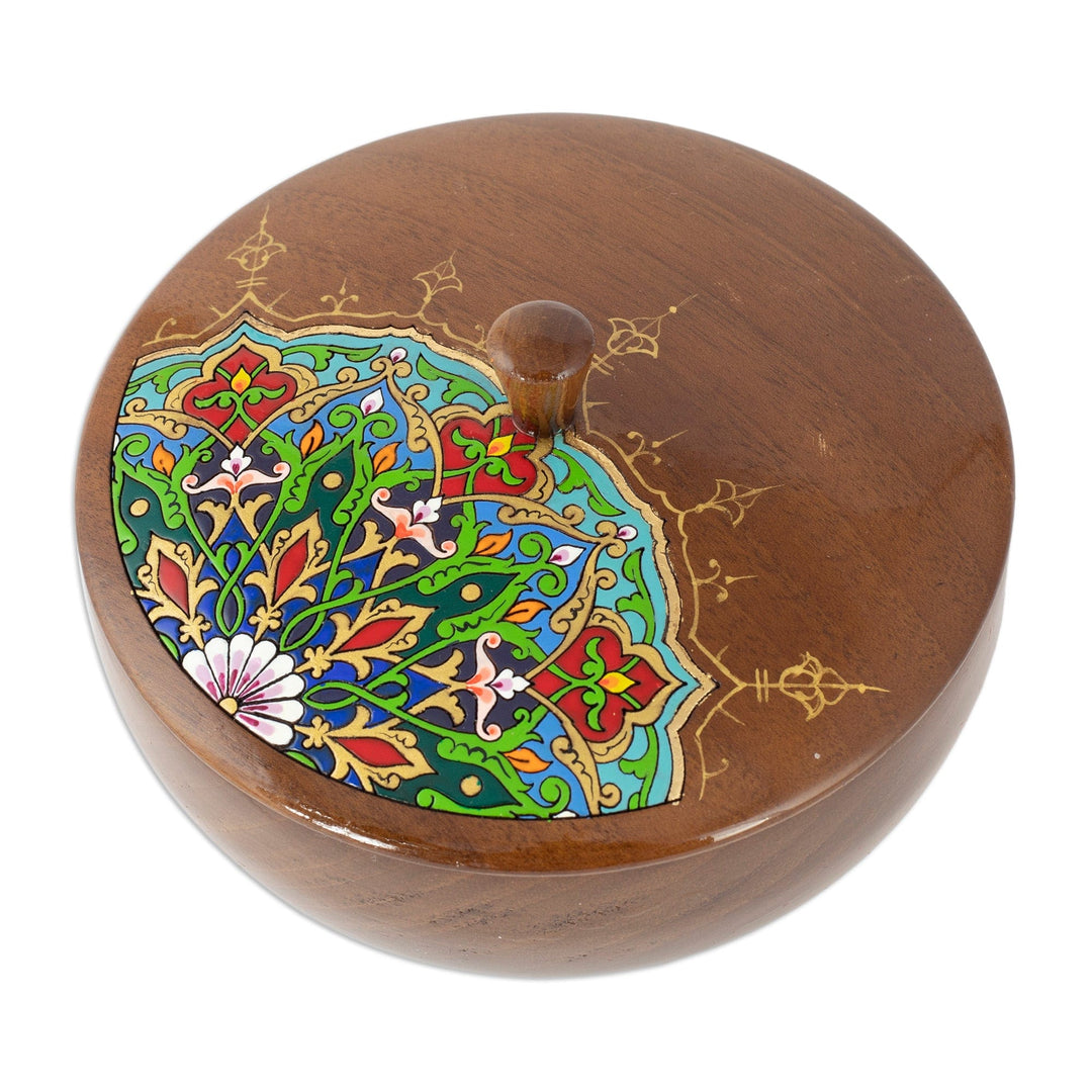 Painted Round Walnut Wood Jewelry Box with Floral Motifs - Peacock Spirit
