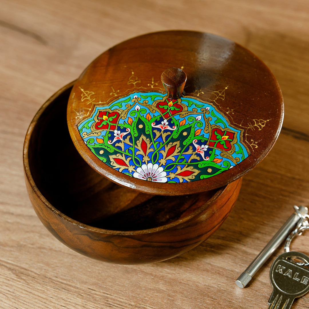 Painted Round Walnut Wood Jewelry Box with Floral Motifs - Peacock Spirit