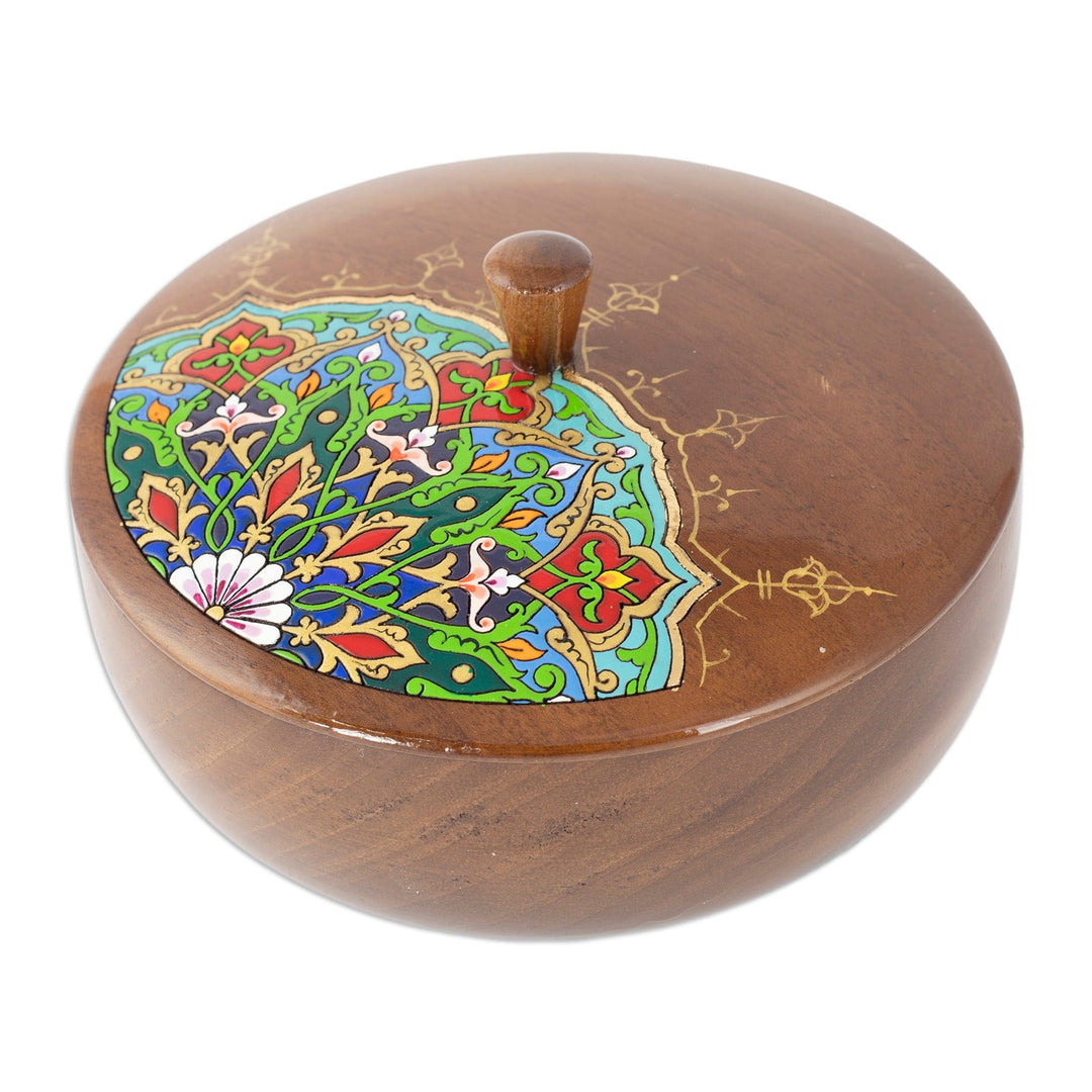 Painted Round Walnut Wood Jewelry Box with Floral Motifs - Peacock Spirit