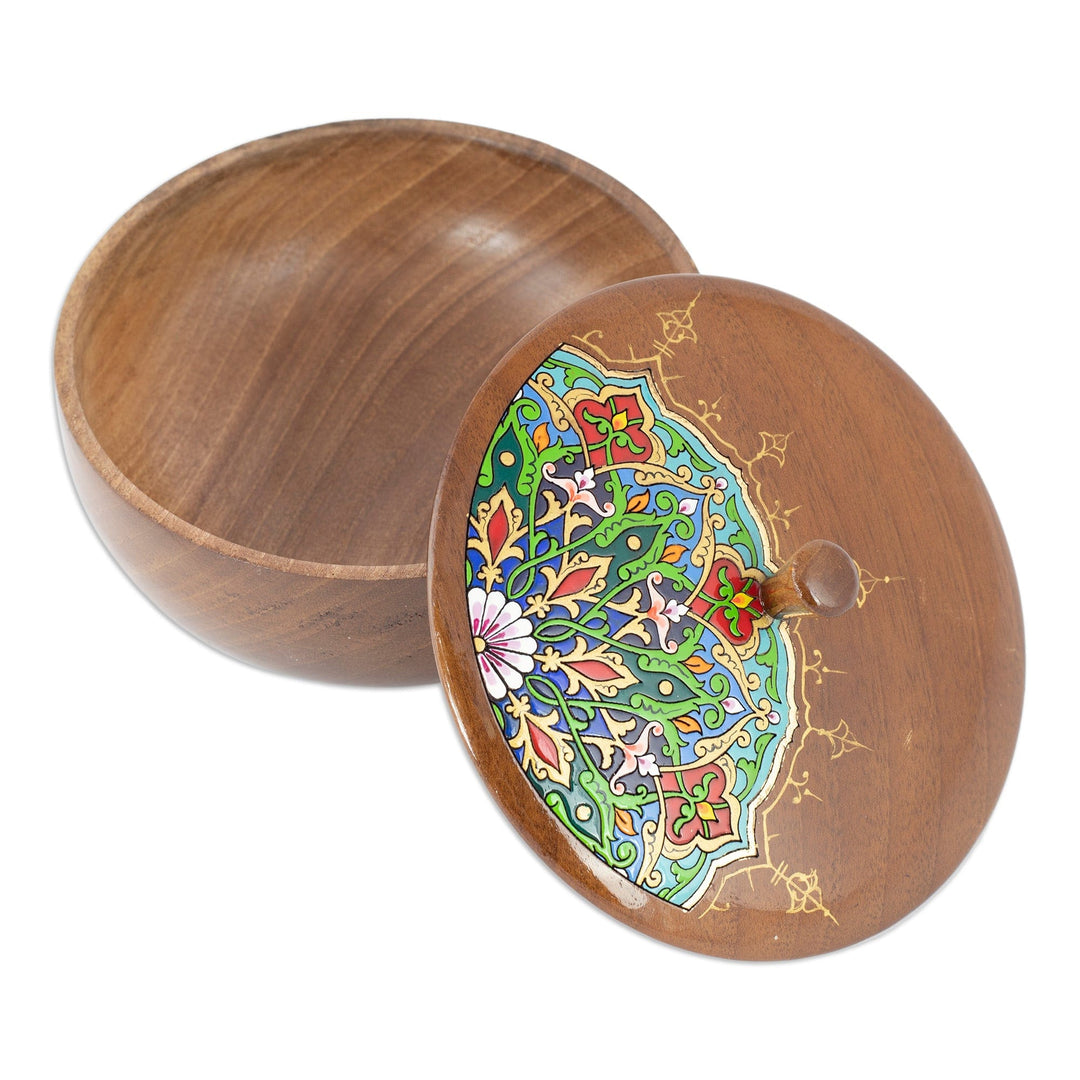 Painted Round Walnut Wood Jewelry Box with Floral Motifs - Peacock Spirit