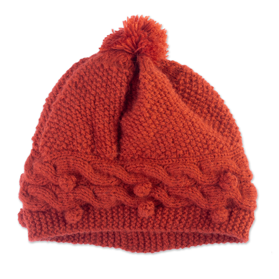 Unisex Alpaca Blend Hat in Orange Hand-Knit in Peru - Sealing Wax