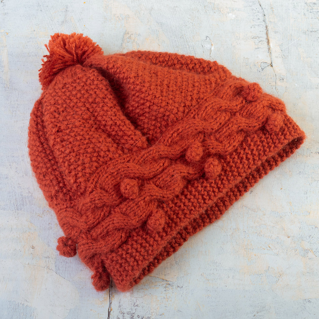 Unisex Alpaca Blend Hat in Orange Hand-Knit in Peru - Sealing Wax