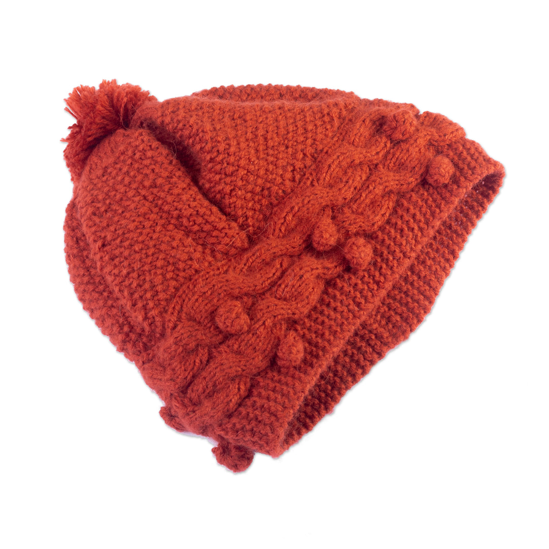 Unisex Alpaca Blend Hat in Orange Hand-Knit in Peru - Sealing Wax