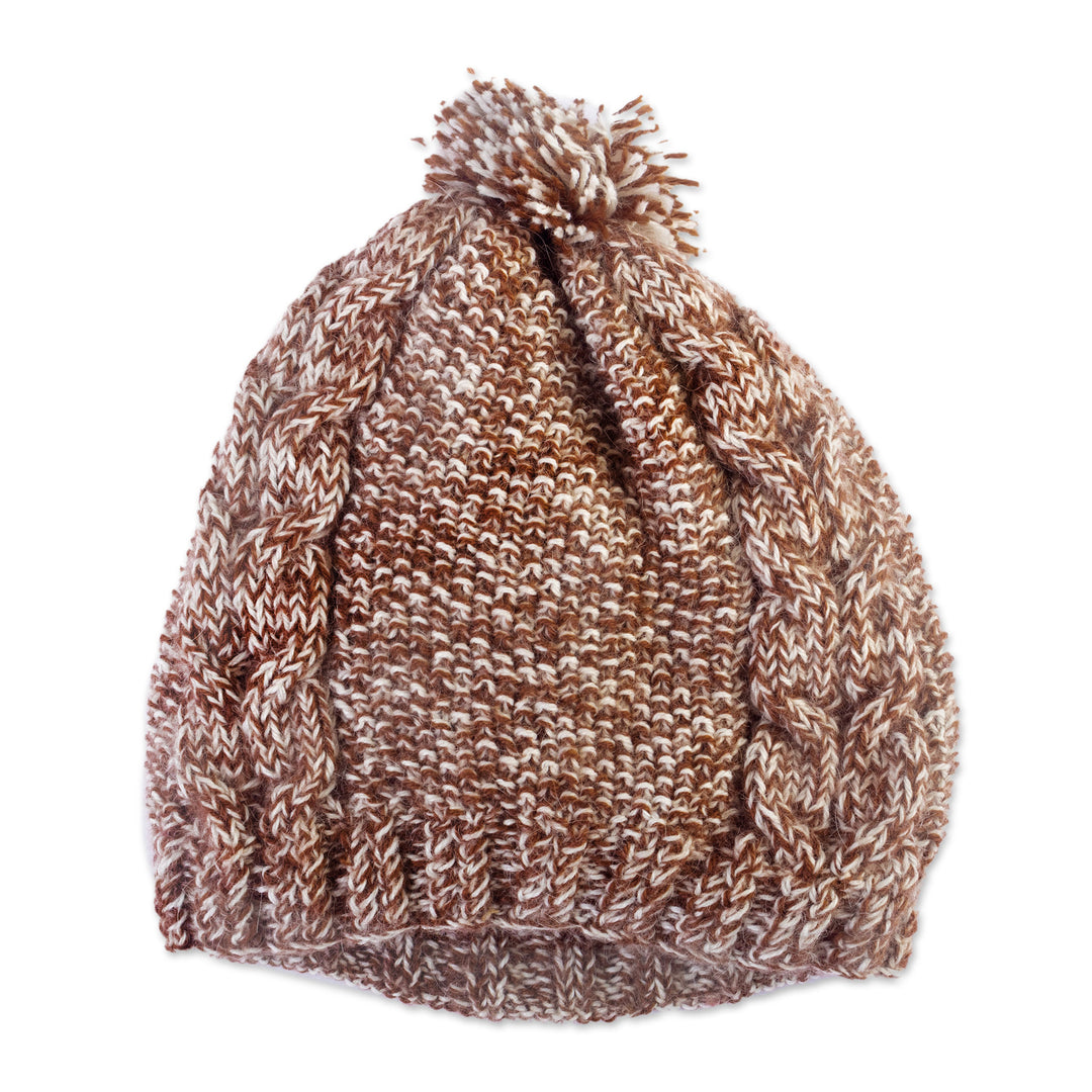Hand-Knitted 100% Alpaca Pom-Pom Hat in Brown and White - Marble